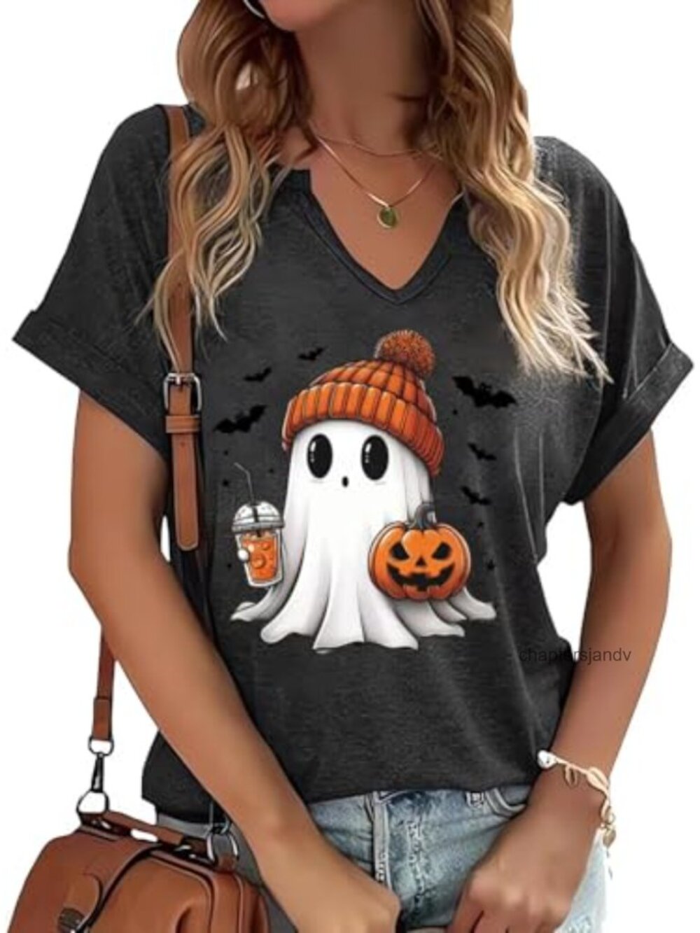 Pumpkin Graphic V-Neck Short Sleeve Halloween Tee Women's Funny Fall T-Shirt